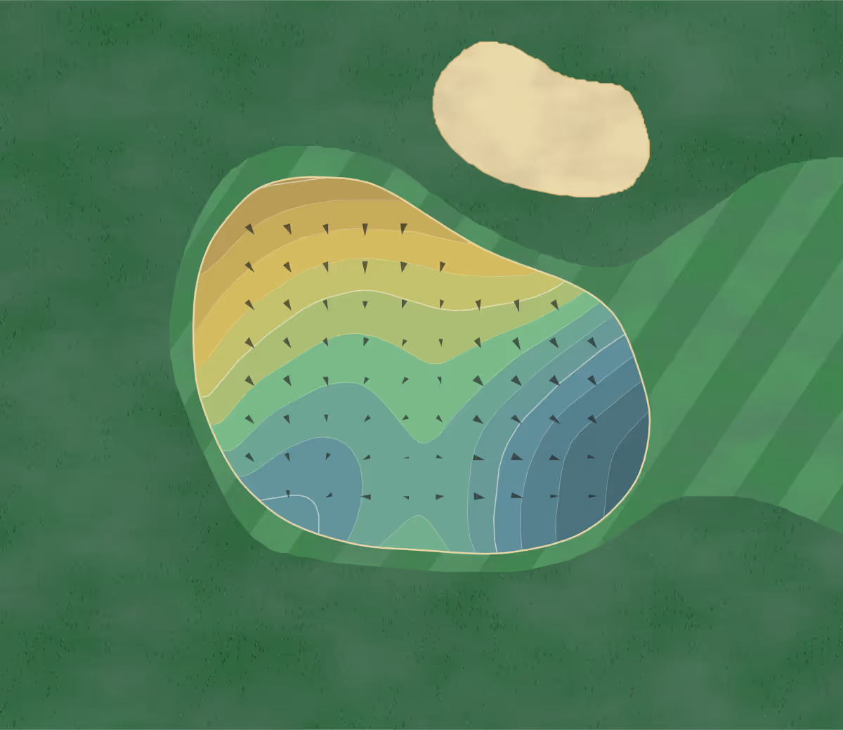 Green contour map of GC Southport in Mashpee, Massachusetts — 87 elevation contours at a 3-inch interval with fall-line arrows, traced from 1-meter lidar