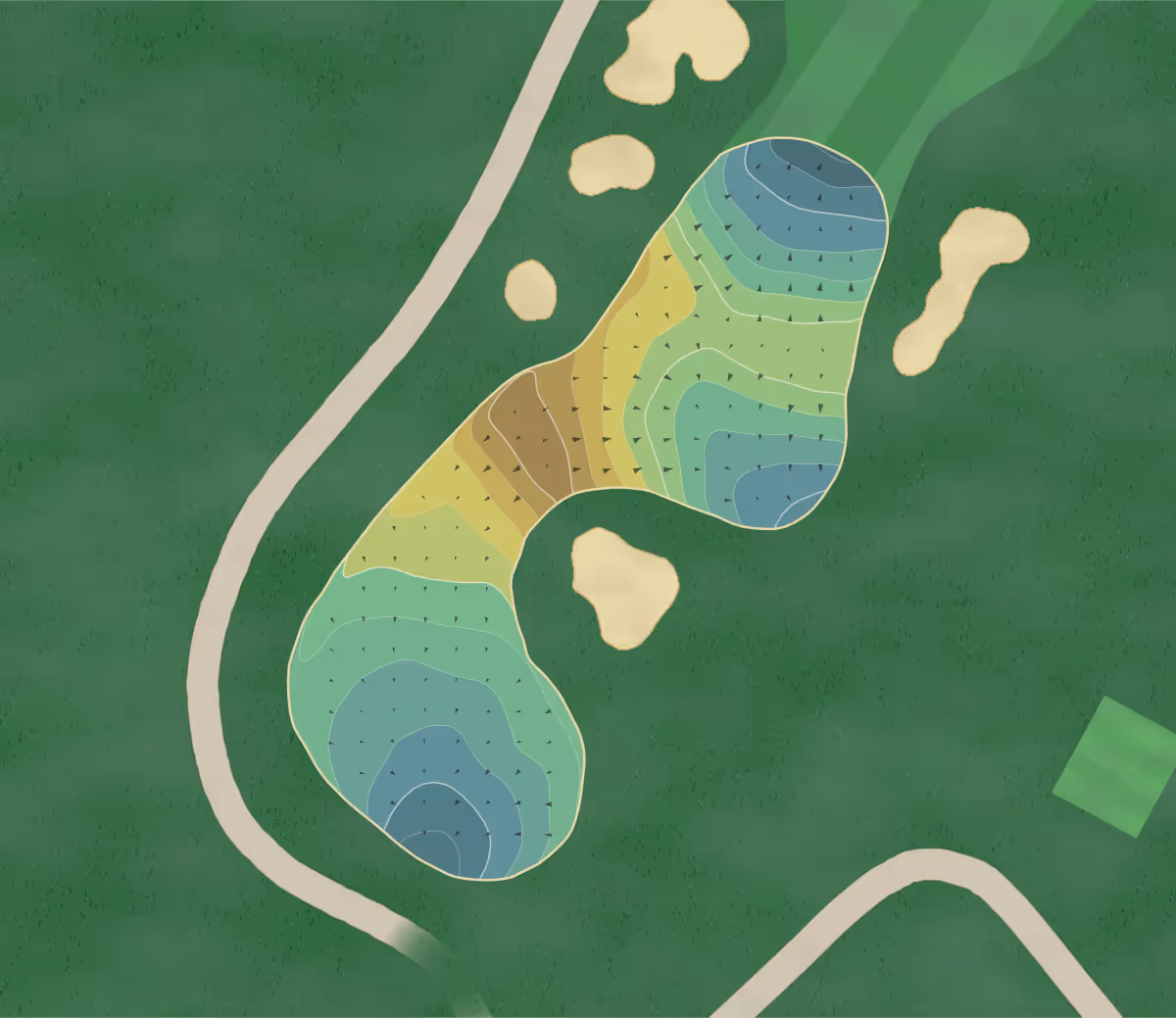 Green contour map of Gc Texas in College Station, Texas — 155 elevation contours at a 3-inch interval with fall-line arrows, traced from 1-meter lidar