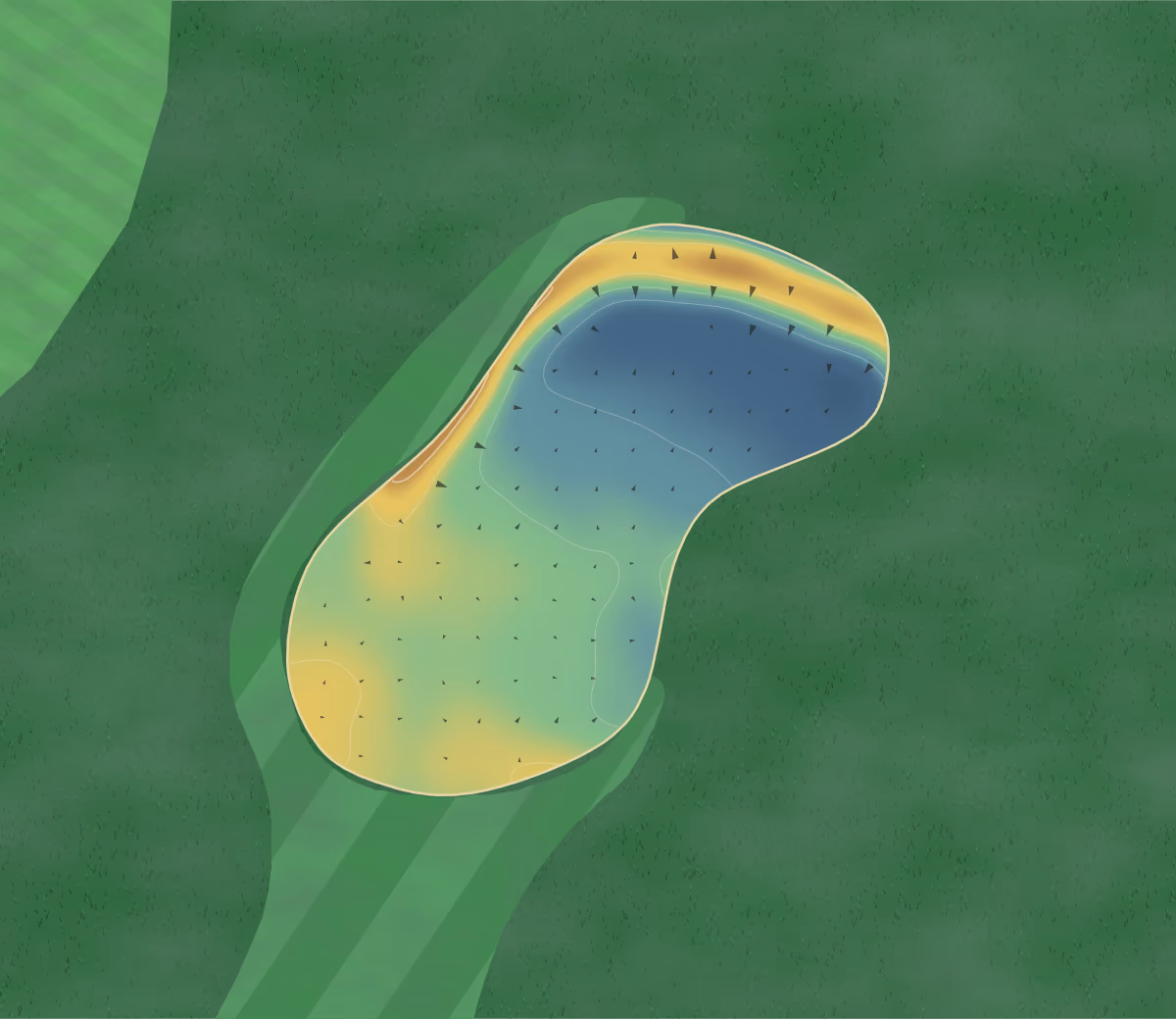 Green contour map of Gedney Hill in Spalding, England: 38 elevation contours at a 8-centimeter interval with fall-line arrows, traced from 1-meter lidar
