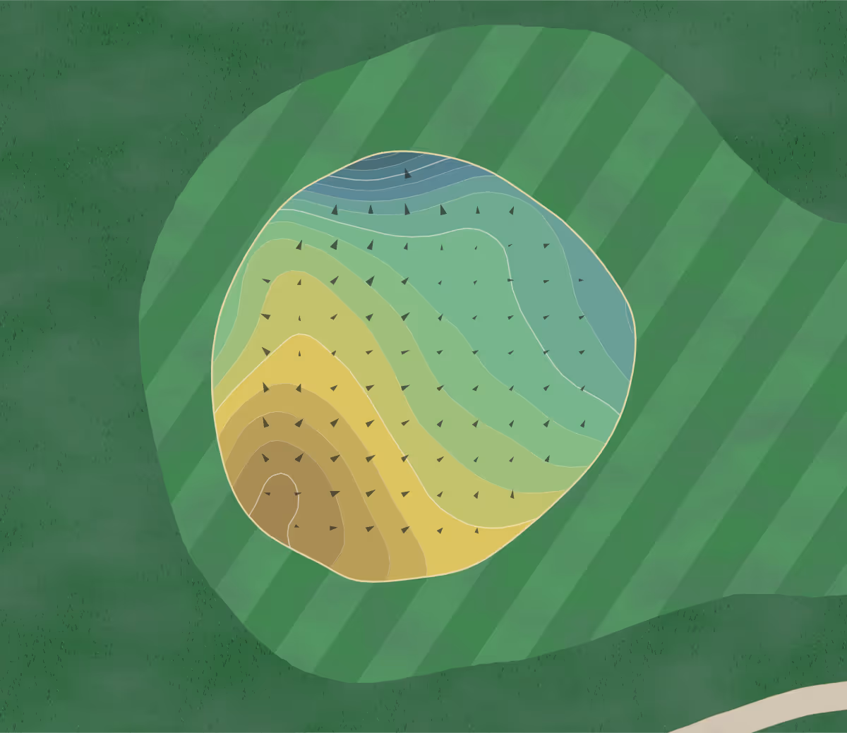 Green contour map of General Old in Riverside, California — 213 elevation contours at a 3-inch interval with fall-line arrows, traced from 1-meter lidar