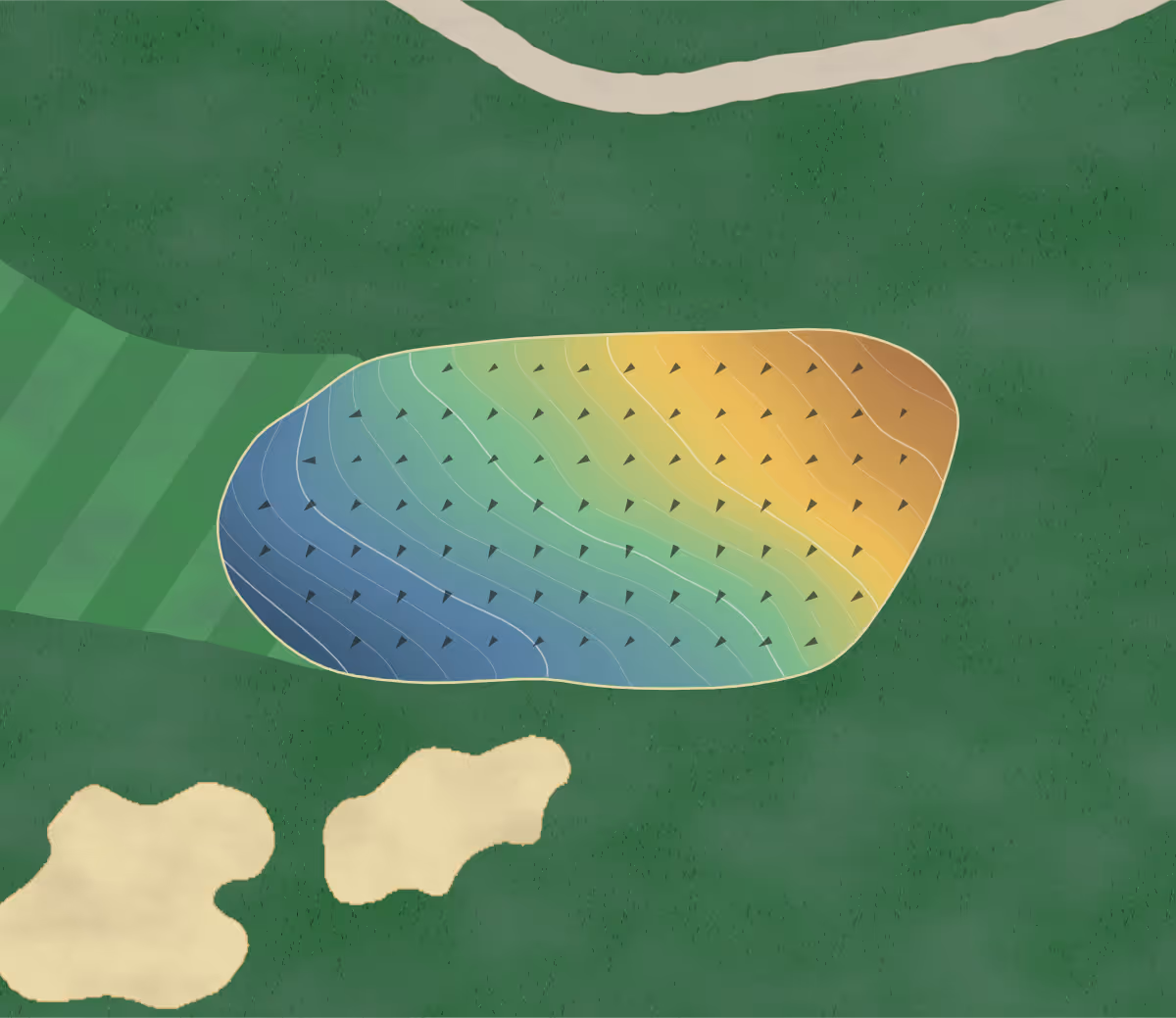 Green contour map of Geneva Golf in Muscatine, Iowa — 179 elevation contours at a 3-inch interval with fall-line arrows, traced from 1-meter lidar