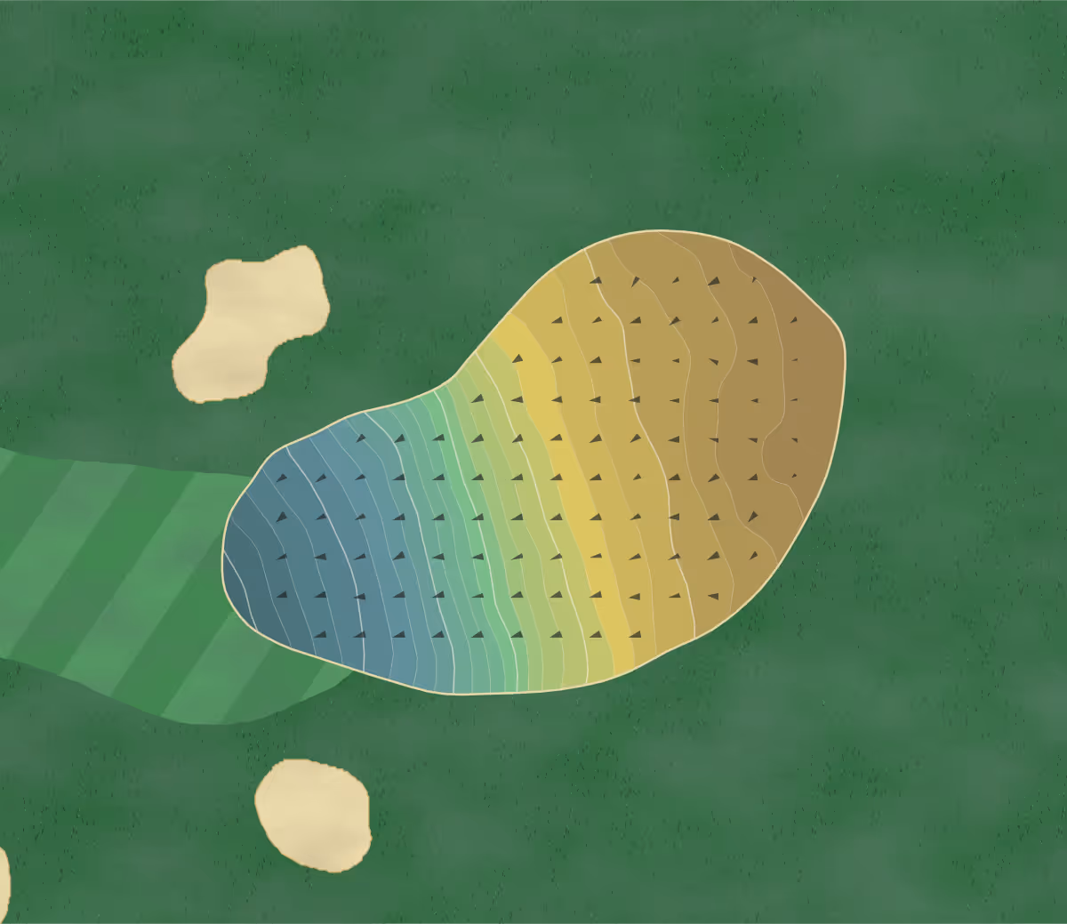 Green contour map of Gerrards Cross in Buckinghamshire, England — 183 elevation contours at a 8-centimeter interval with fall-line arrows, traced from 1-meter lidar