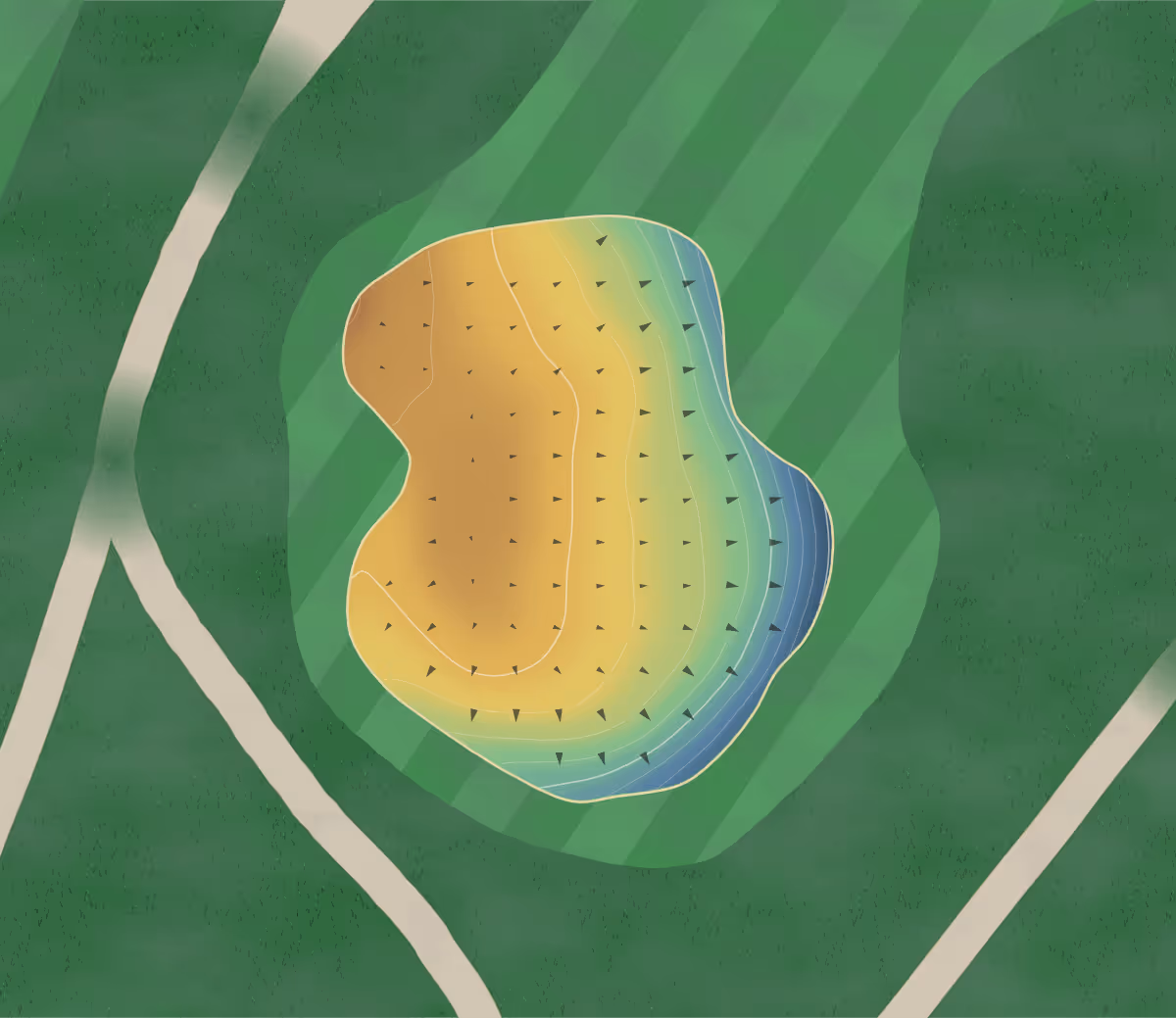Green contour map of Gettysburg in Gettysburg, South Dakota — 72 elevation contours at a 3-inch interval with fall-line arrows, traced from 1-meter lidar