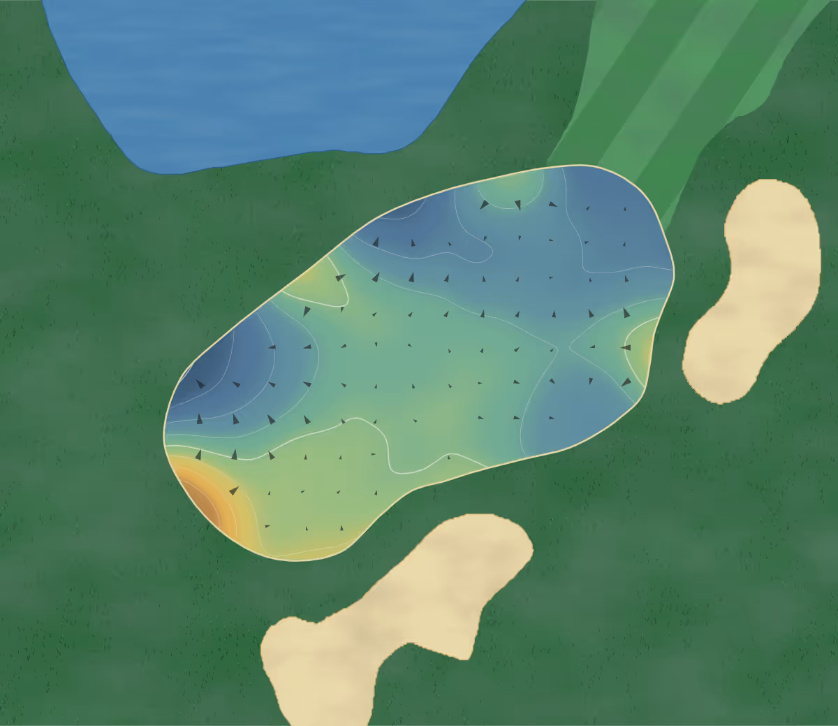 Green contour map of Gettysburg National in Fairfield, Pennsylvania — 134 elevation contours at a 3-inch interval with fall-line arrows, traced from 1-meter lidar