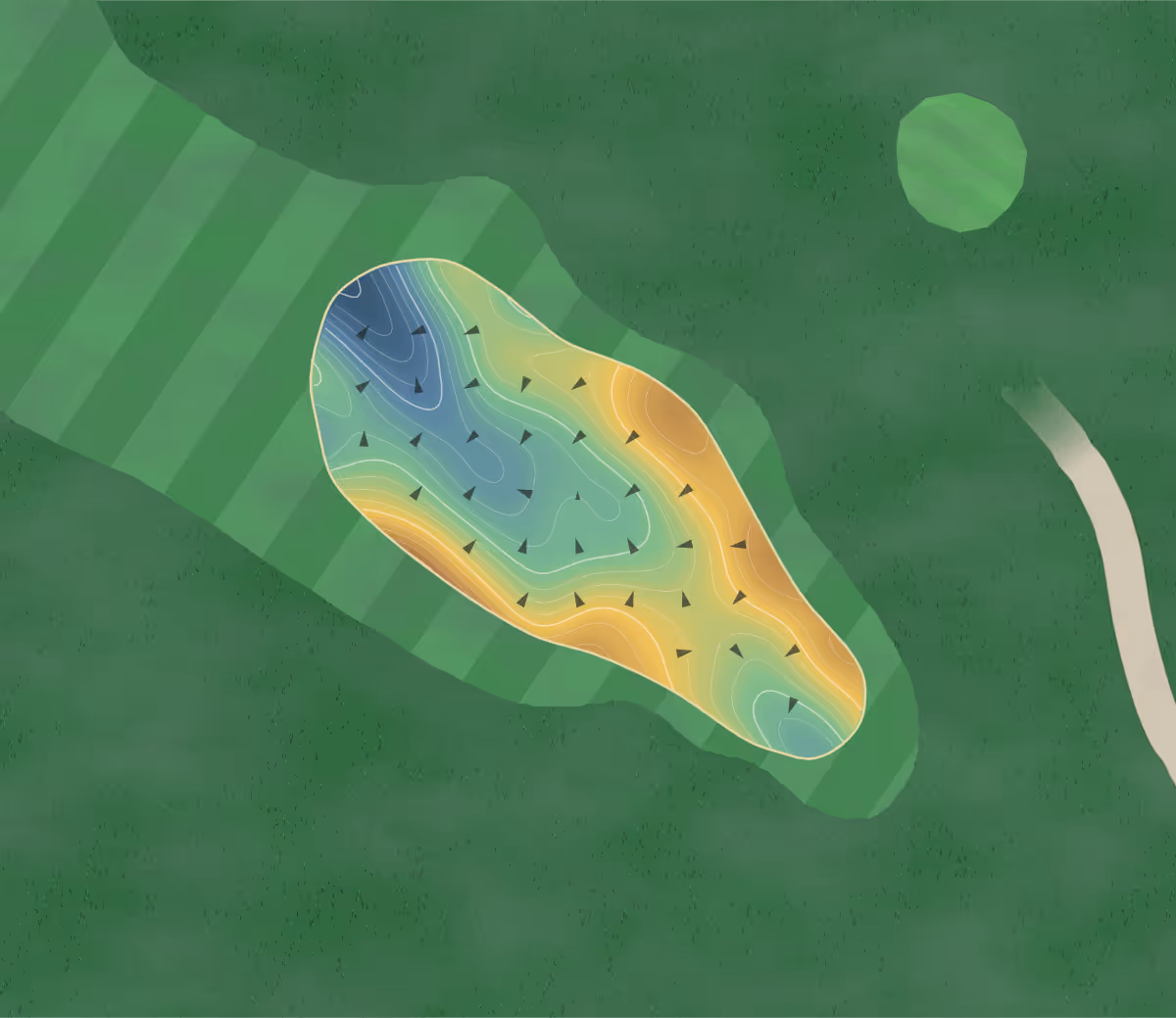 Green contour map of Gibbston Valley in Queenstown, New Zealand — 116 elevation contours at a 8-centimeter interval with fall-line arrows, traced from 1-meter lidar