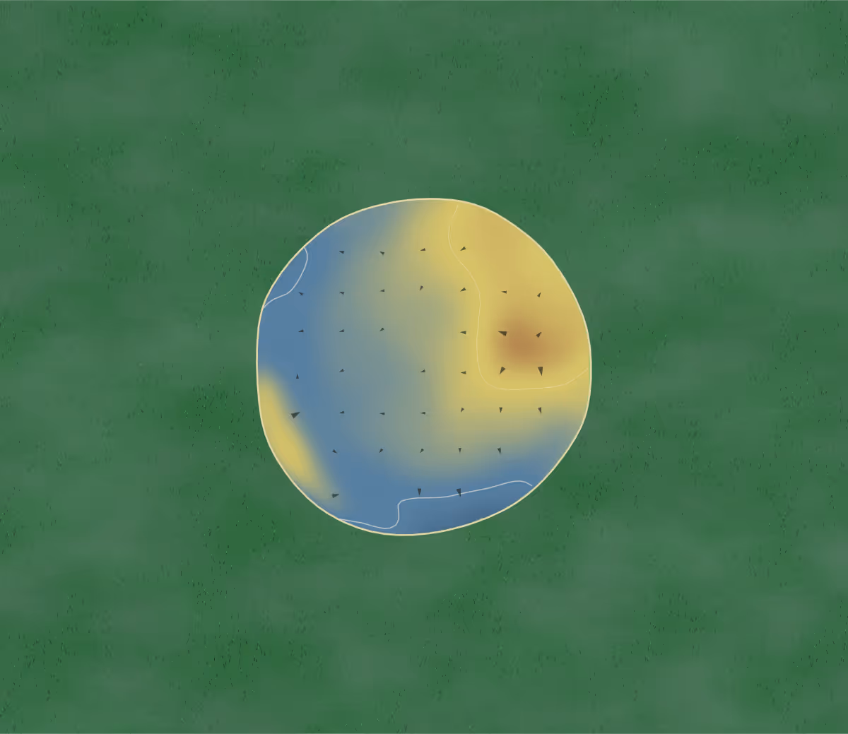 Green contour map of Gilridge in Fredericton, Canada: 2 elevation contours at a 8-centimeter interval with fall-line arrows, traced from 1-meter lidar