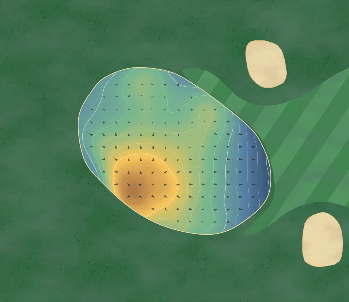 Green contour map of Girouxsalem in Steinbach, Canada: 77 elevation contours at a 8-centimeter interval with fall-line arrows, traced from 1-meter lidar