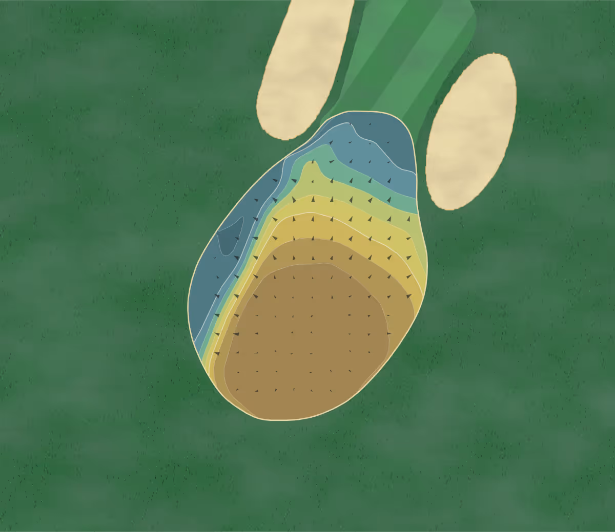 Green contour map of Girton GC in Cambridge, England — 97 elevation contours at a 8-centimeter interval with fall-line arrows, traced from 1-meter lidar