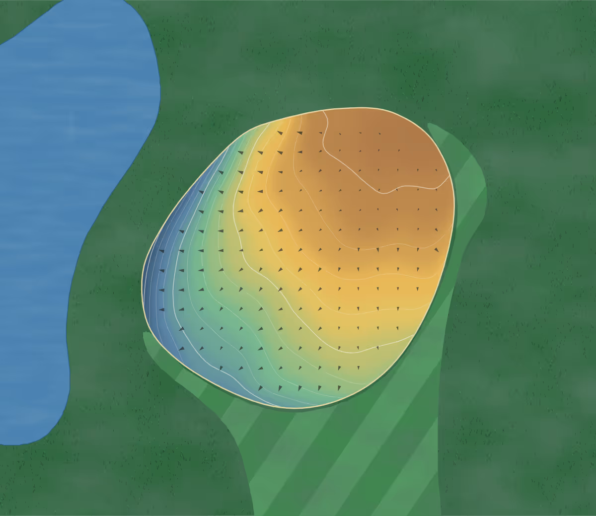 Green contour map of Glacier Greens in Lazo, Canada — 179 elevation contours at a 8-centimeter interval with fall-line arrows, traced from 1-meter lidar