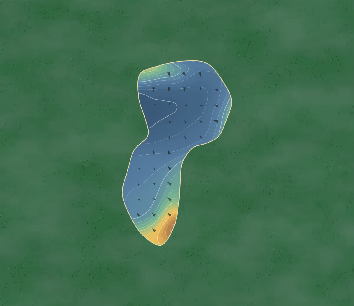 Green contour map of Gladstone Golf Club in Gladstone, Australia — 171 elevation contours at a 8-centimeter interval with fall-line arrows, traced from 1-meter lidar