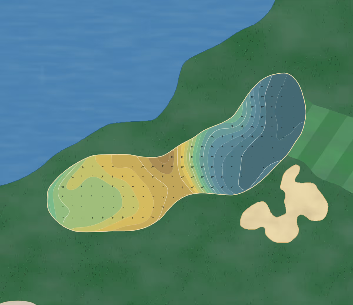 Green contour map of Glen Annie in Santa Barbara, California — 278 elevation contours at a 3-inch interval with fall-line arrows, traced from 1-meter lidar