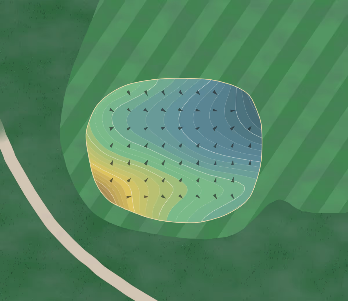 Green contour map of Glen Brook in Stroudsburg, Pennsylvania — 218 elevation contours at a 3-inch interval with fall-line arrows, traced from 1-meter lidar