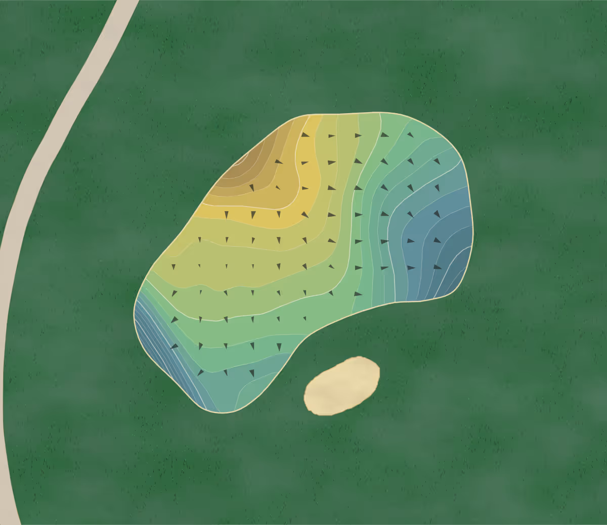 Green contour map of Glen Dornoch in N. Myrtle Beach, South Carolina — 183 elevation contours at a 3-inch interval with fall-line arrows, traced from 1-meter lidar
