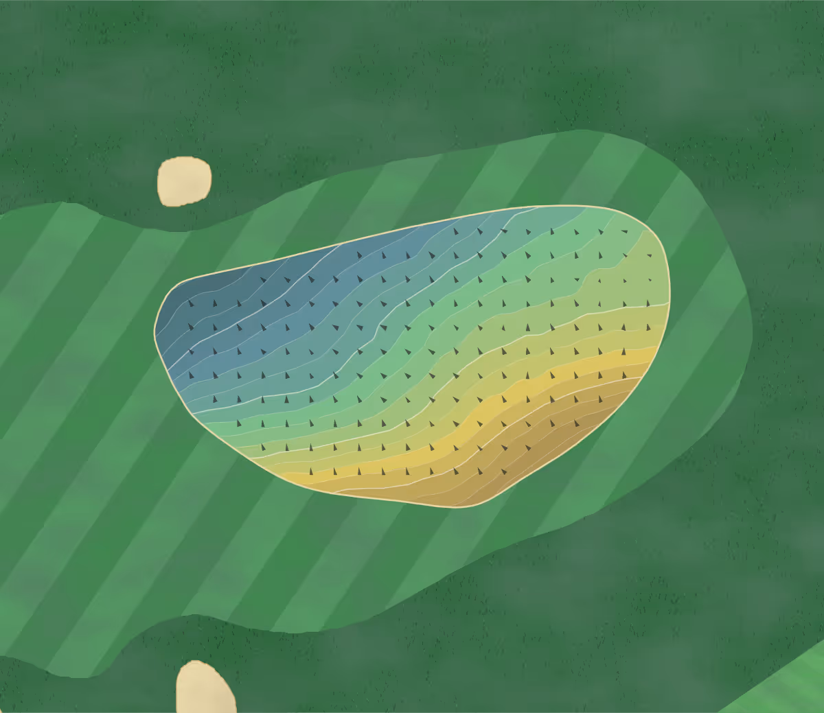 Green contour map of Glen GC in North Berwick, Scotland — 152 elevation contours at a 8-centimeter interval with fall-line arrows, traced from 1-meter lidar