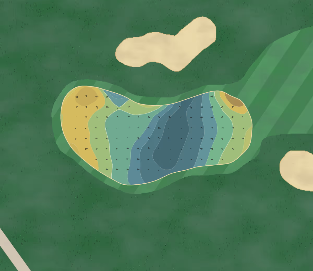 Green contour map of Glen Gorse in Leicester, England — 156 elevation contours at a 8-centimeter interval with fall-line arrows, traced from 1-meter lidar