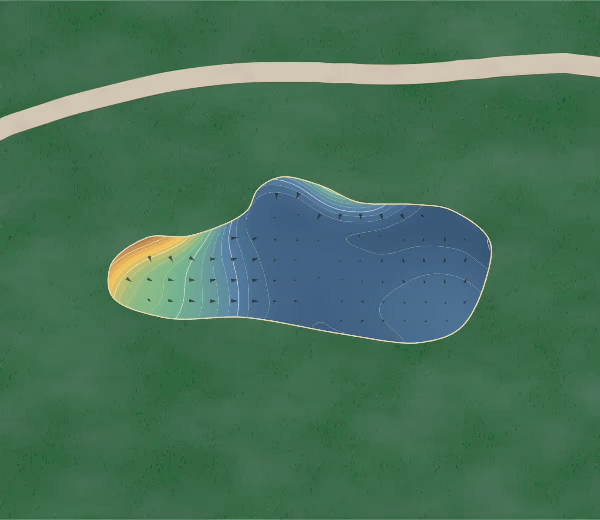 Green contour map of Glen Lovat in New Glasgow, Canada — 213 elevation contours at a 8-centimeter interval with fall-line arrows, traced from 1-meter lidar