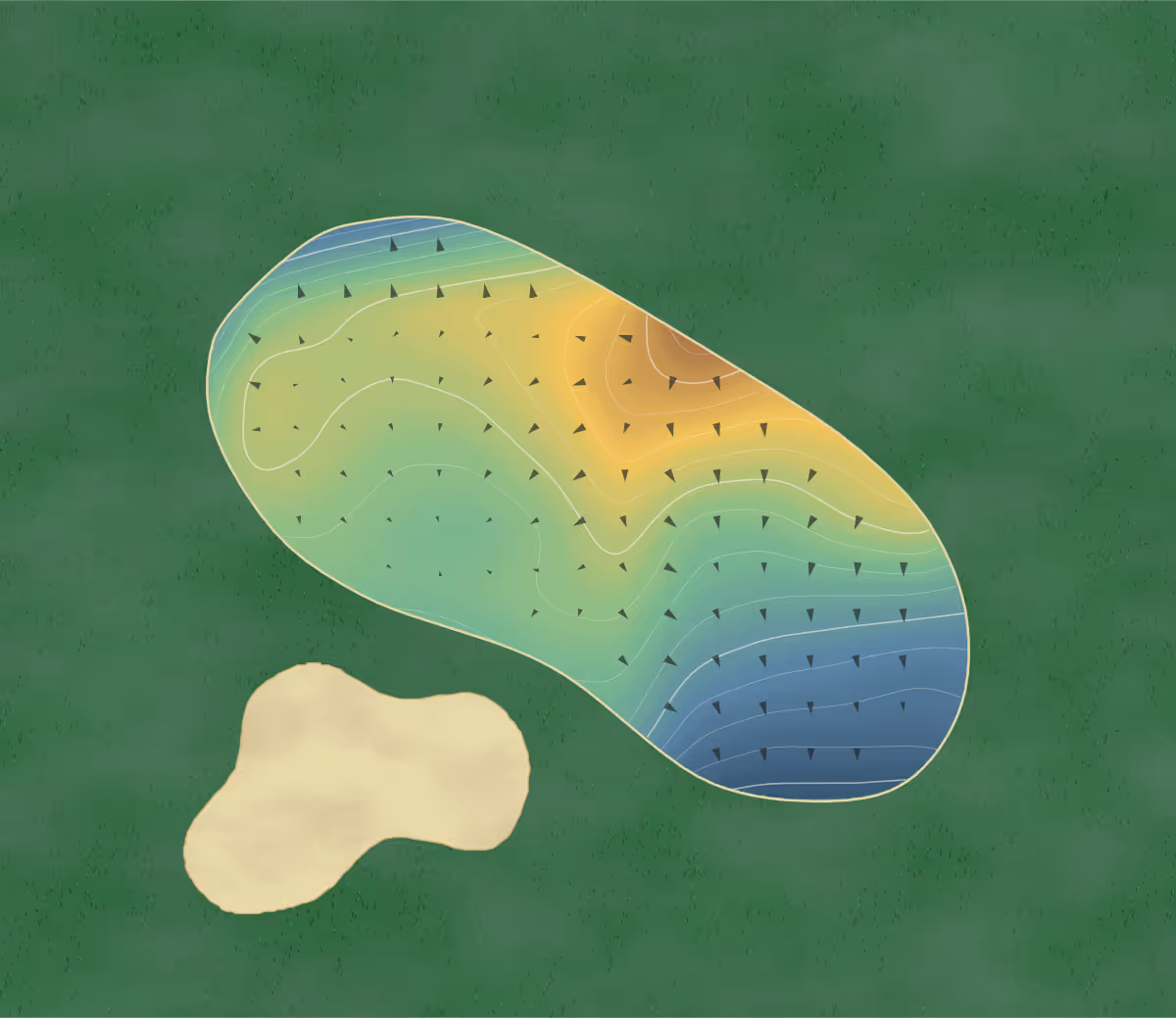 Green contour map of Glen Oaks in Katori, Japan: 160 elevation contours at a 8-centimeter interval with fall-line arrows, traced from 1-meter lidar