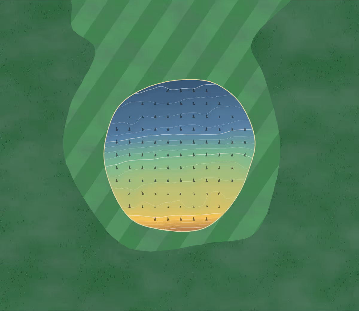 Green contour map of Glenalmond College in Perth, Scotland — 102 elevation contours at a 8-centimeter interval with fall-line arrows, traced from 1-meter lidar