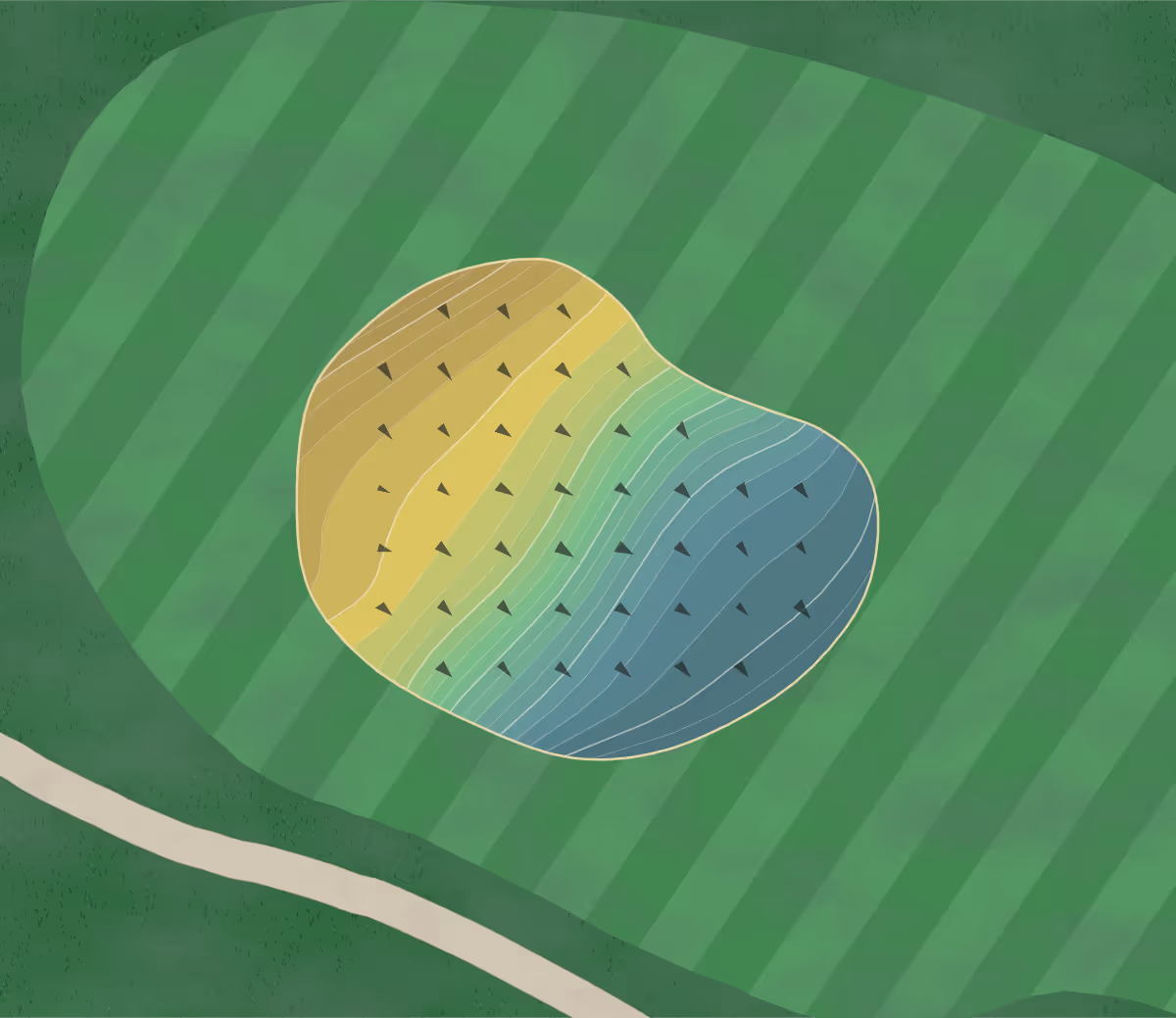 Green contour map of Gleneagles in San Francisco, California — 140 elevation contours at a 3-inch interval with fall-line arrows, traced from 1-meter lidar