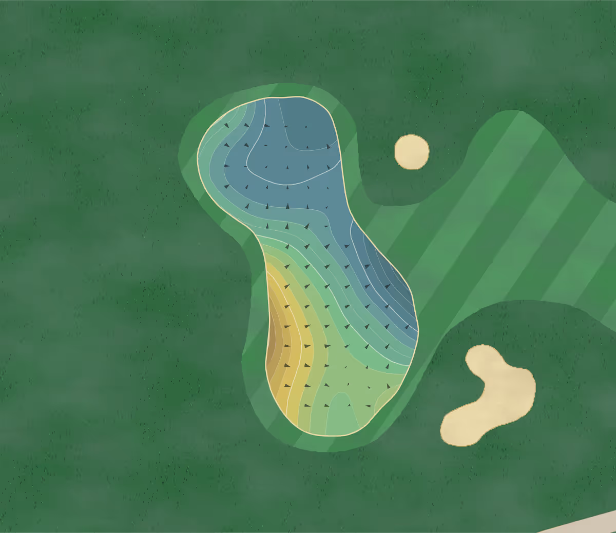 Green contour map of Gleneagles Golf in Twinsburg, Ohio — 189 elevation contours at a 3-inch interval with fall-line arrows, traced from 1-meter lidar