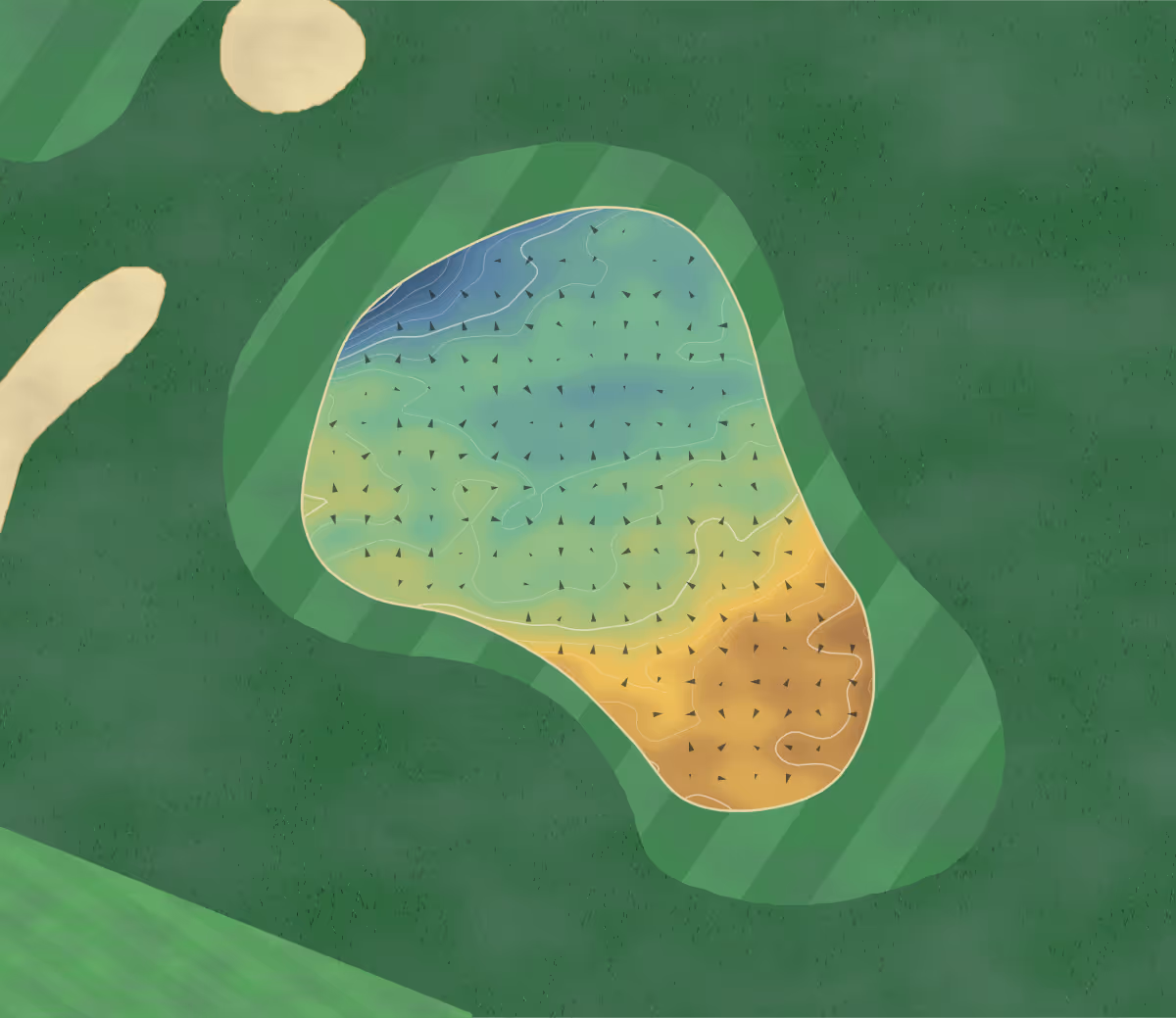 Green contour map of Gleneagles in Auchterarder, Scotland — 254 elevation contours at a 8-centimeter interval with fall-line arrows, traced from 1-meter lidar