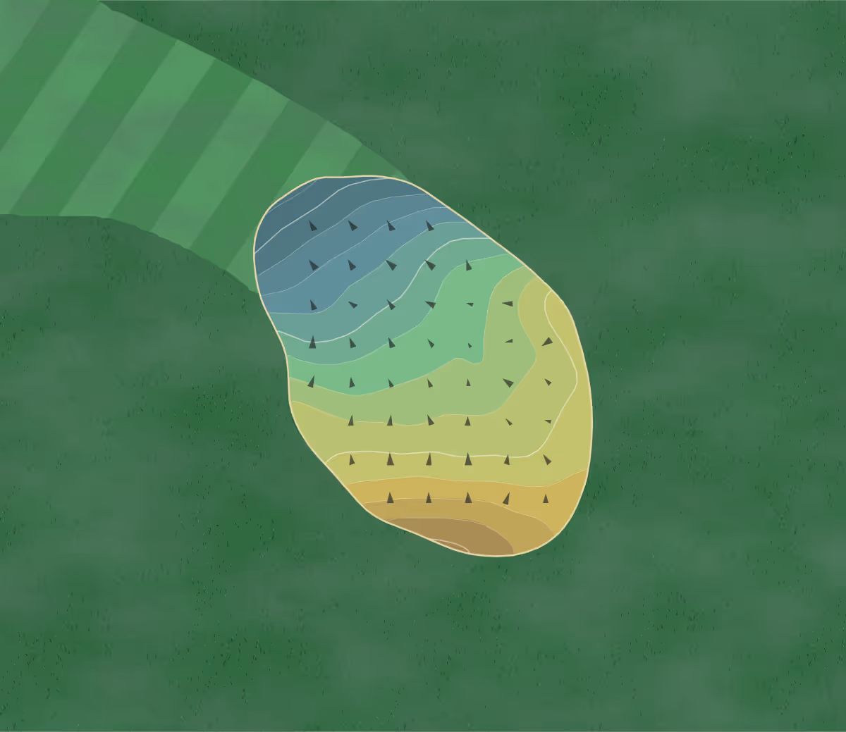 Green contour map of Glenhardie CC in Wayne, Pennsylvania — 98 elevation contours at a 3-inch interval with fall-line arrows, traced from 1-meter lidar