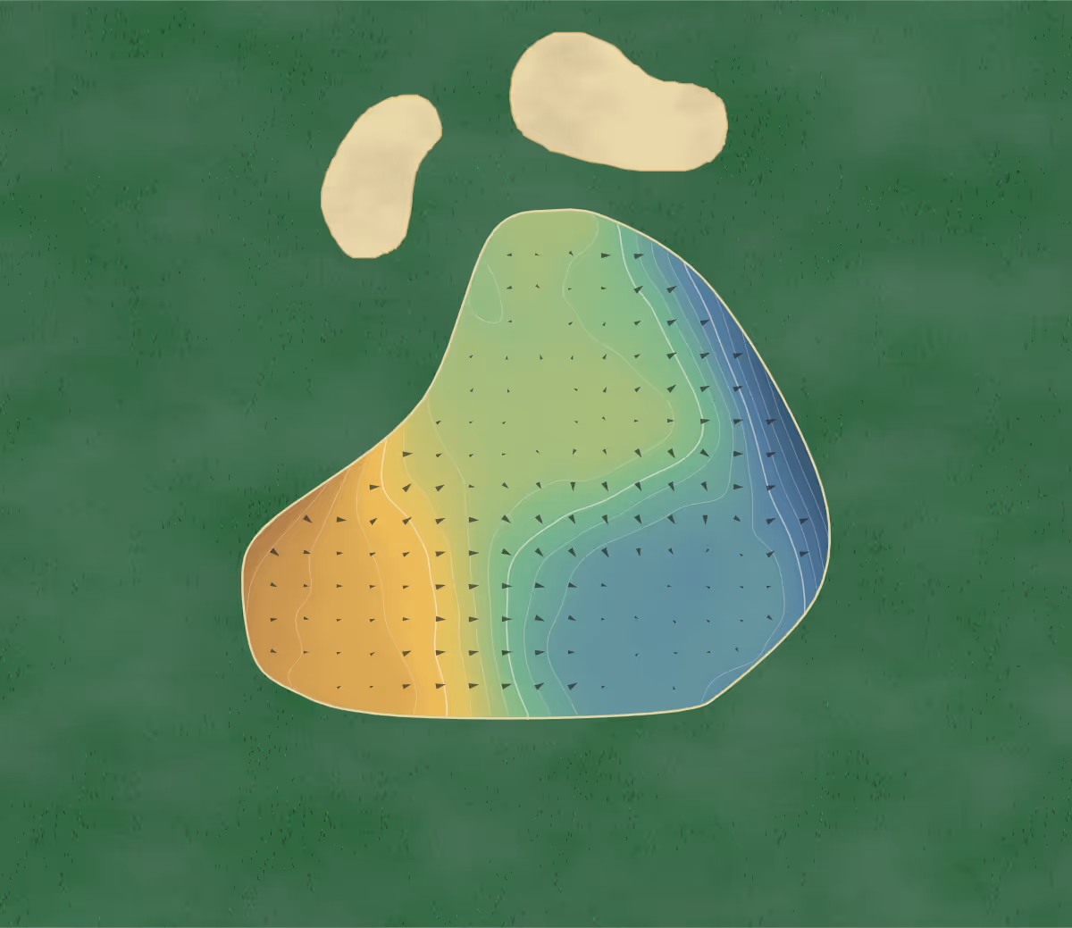 Green contour map of Glens Course in Arbroath, United Kingdom: 172 elevation contours at a 8-centimeter interval with fall-line arrows, traced from 1-meter lidar
