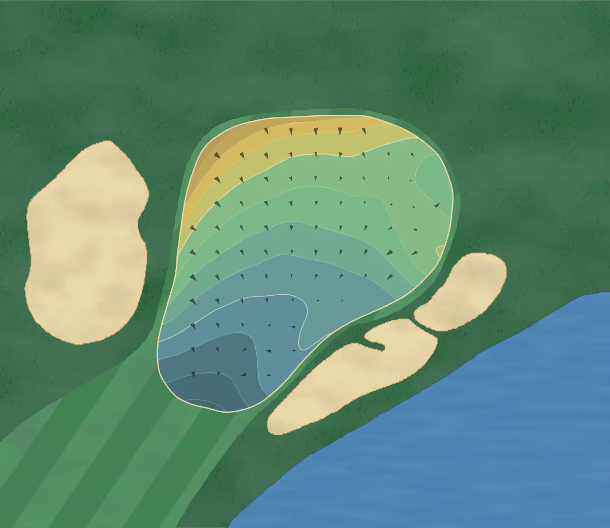 Green contour map of Glenview Prairie Club in Glenview, Illinois — 58 elevation contours at a 3-inch interval with fall-line arrows, traced from 1-meter lidar