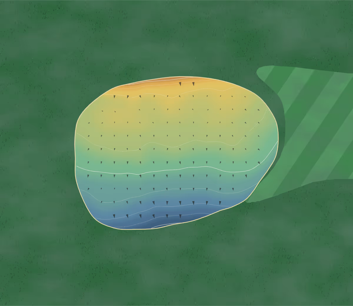 Green contour map of Gloucester GC in Gloucester, England: 9 elevation contours at a 8-centimeter interval with fall-line arrows, traced from 1-meter lidar