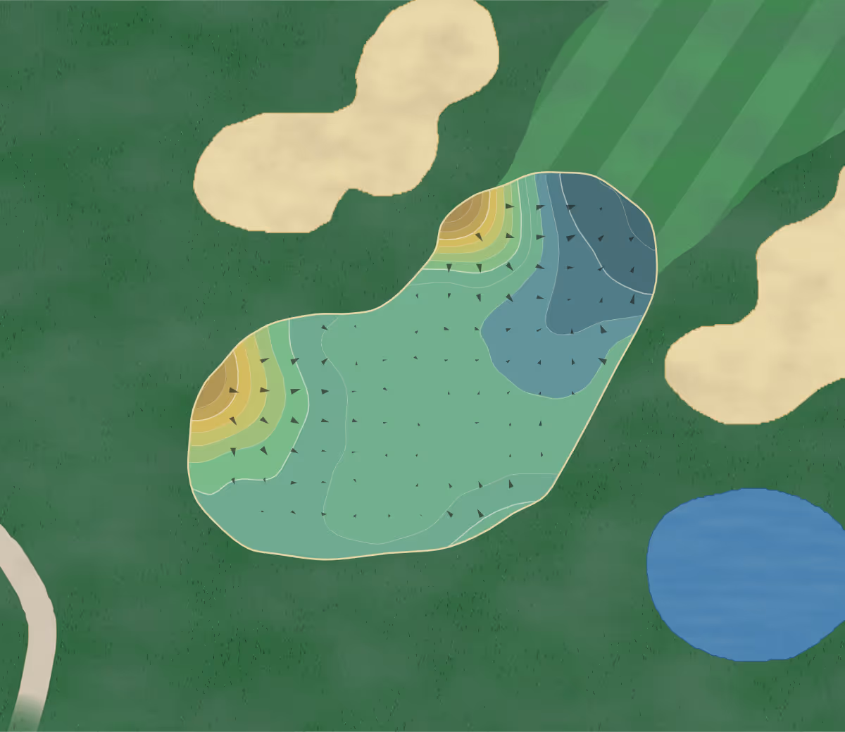 Green contour map of Glyn Abbey in Dyfed, Wales — 173 elevation contours at a 8-centimeter interval with fall-line arrows, traced from 1-meter lidar