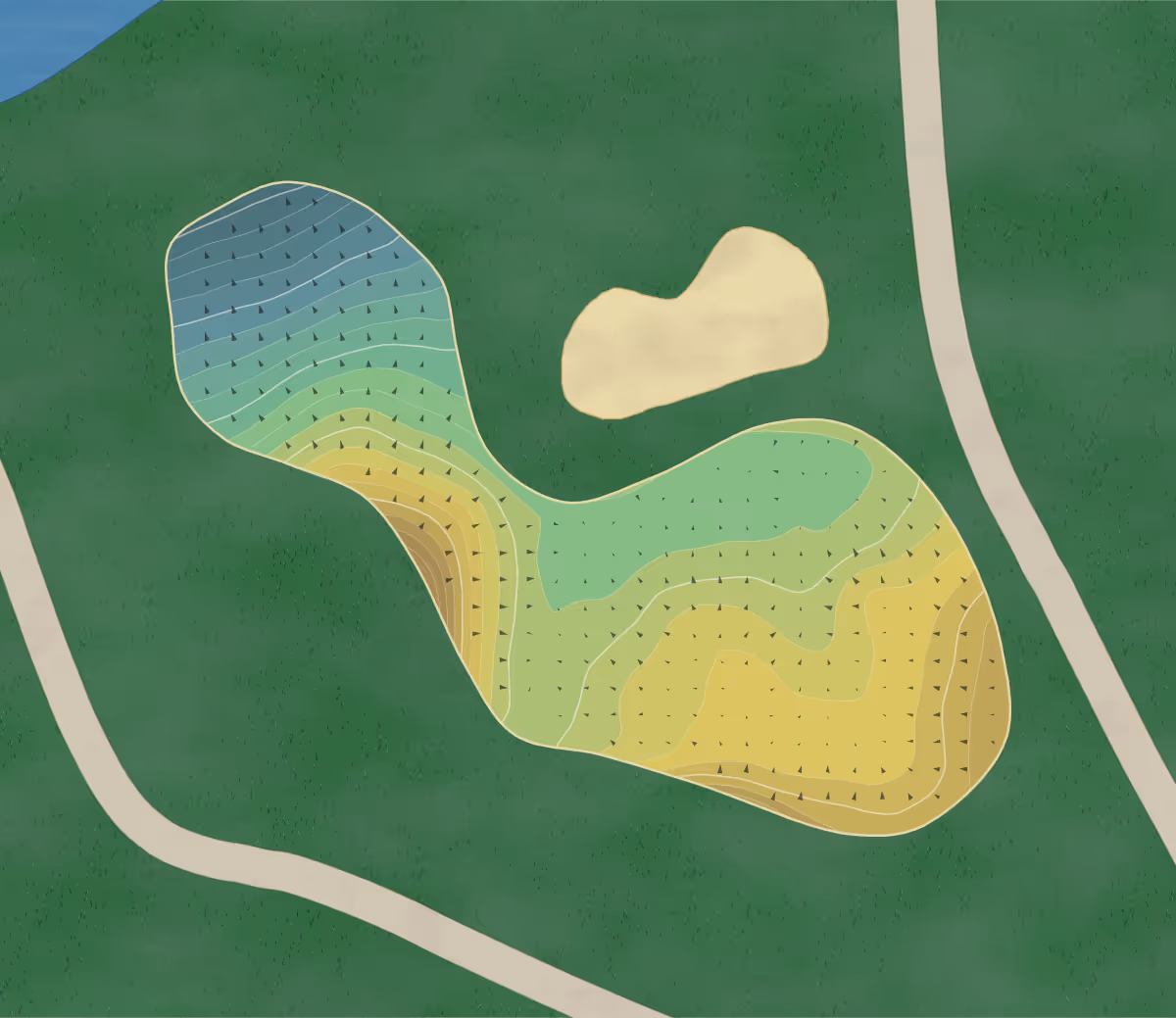Green contour map of Goese in BH Goes, Netherlands — 197 elevation contours at a 8-centimeter interval with fall-line arrows, traced from 1-meter lidar