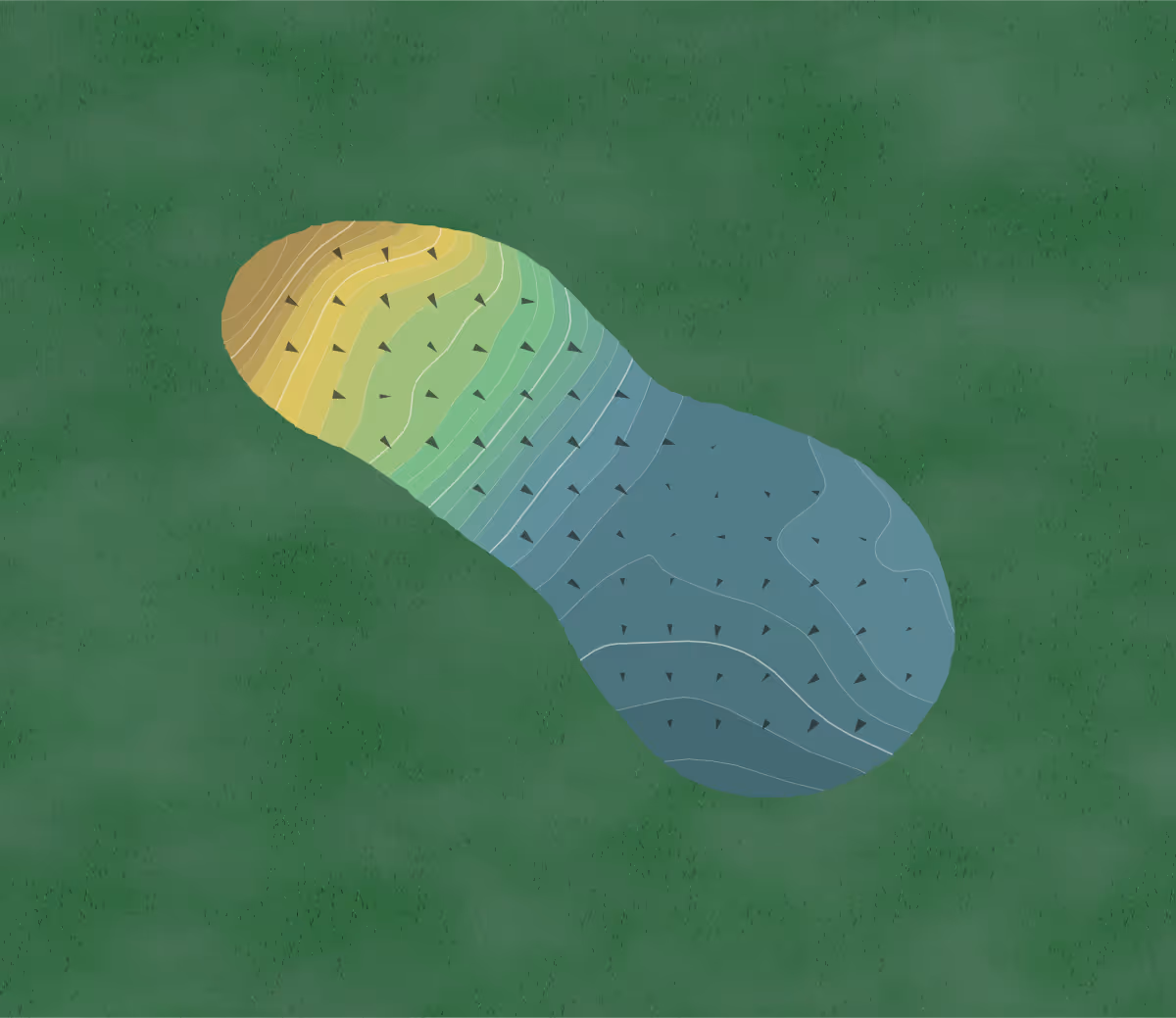 Green contour map of Gold Hills Golf Club in Colchester, Illinois — 173 elevation contours at a 3-inch interval with fall-line arrows, traced from 1-meter lidar