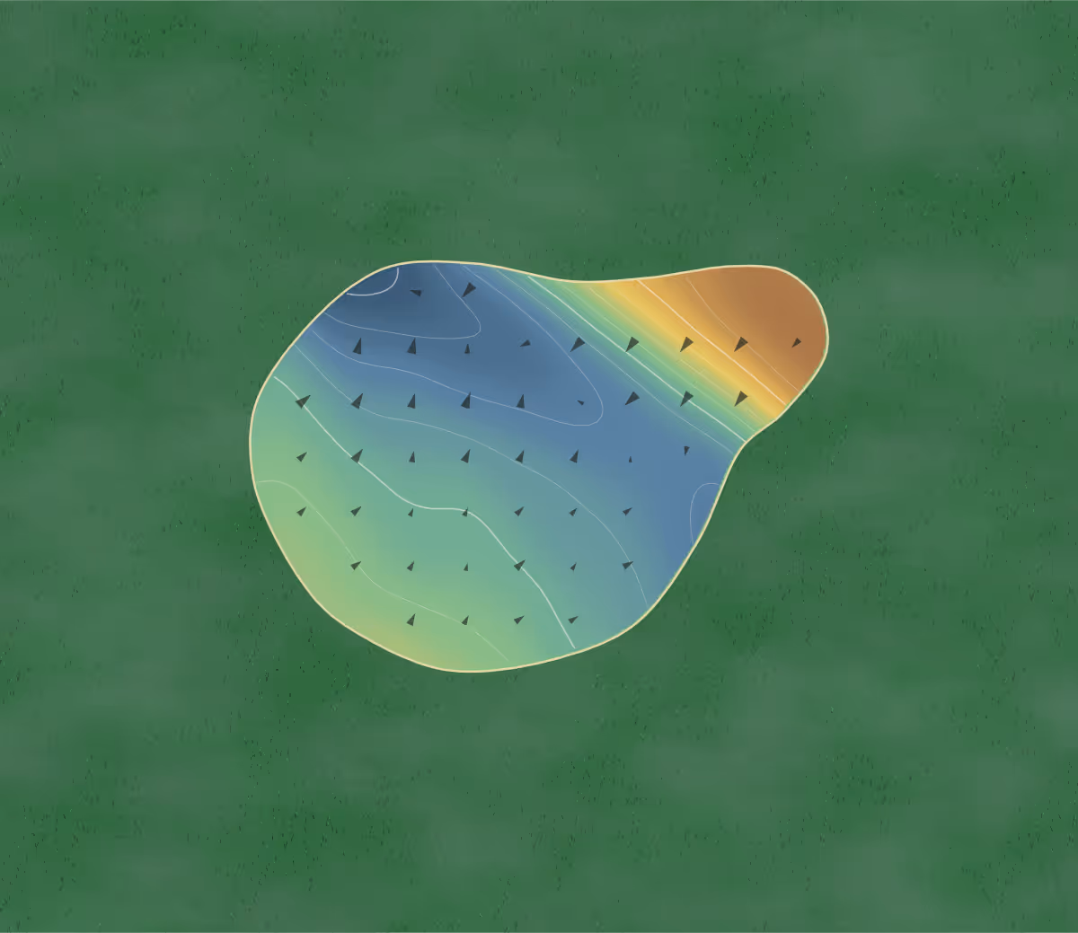 Green contour map of Golden Downs in Golden Downs, New Zealand — 42 elevation contours at a 8-centimeter interval with fall-line arrows, traced from 1-meter lidar