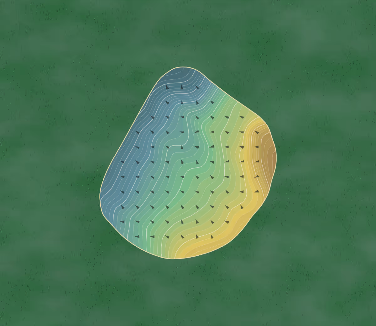 Green contour map of GGP Golf in San Francisco, California — 186 elevation contours at a 3-inch interval with fall-line arrows, traced from 1-meter lidar