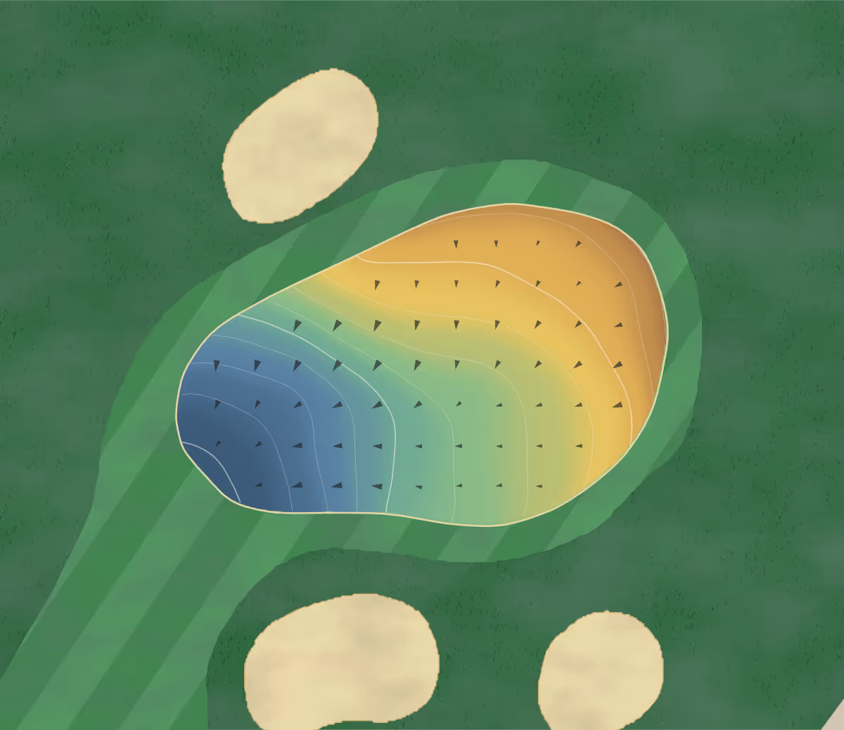 Green contour map of Golden Horseshoe Golf Club Green in Williamsburg, Virginia — 140 elevation contours at a 3-inch interval with fall-line arrows, traced from 1-meter lidar