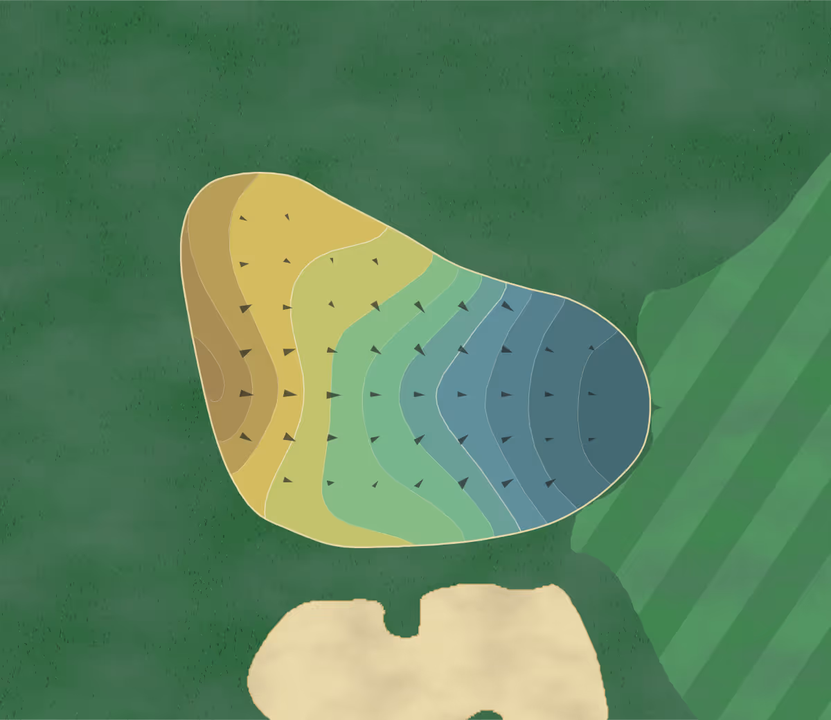 Green contour map of Golden Ocala in Ocala, Florida — 19 elevation contours at a 3-inch interval with fall-line arrows, traced from 1-meter lidar