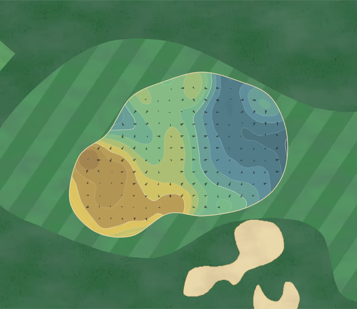 Green contour map of Golf Amsteldijk in VG Amstelveen, Netherlands — 105 elevation contours at a 8-centimeter interval with fall-line arrows, traced from 1-meter lidar