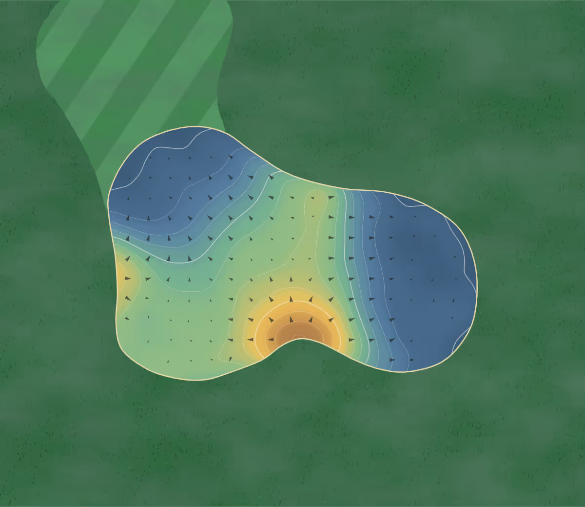 Green contour map of Golf Augwil in Kloten, Switzerland — 113 elevation contours at a 8-centimeter interval with fall-line arrows, traced from 1-meter lidar