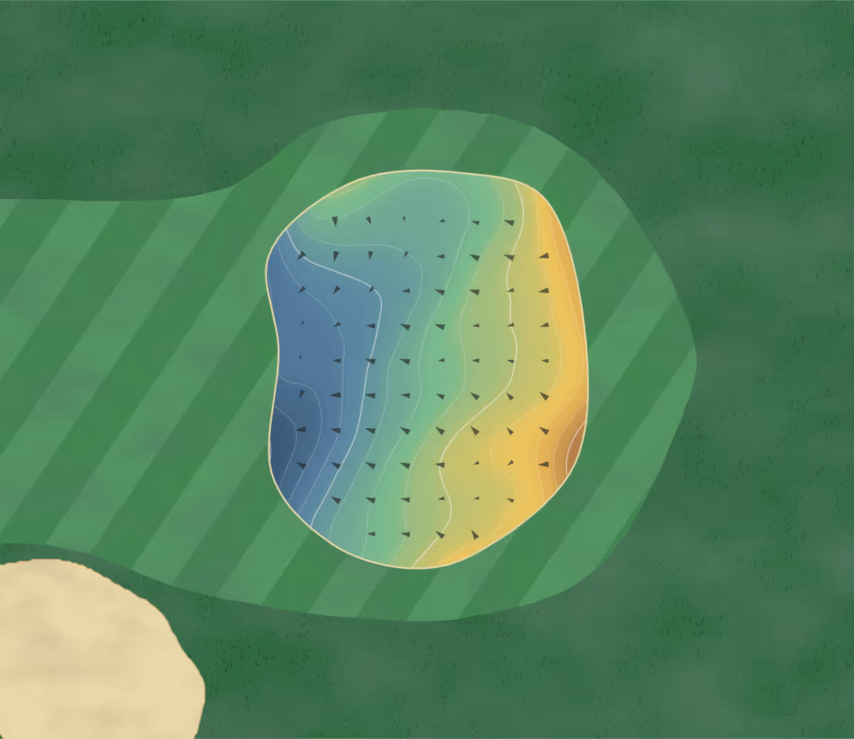 Green contour map of Golf Bluegreen in Lacanau, France — 75 elevation contours at a 8-centimeter interval with fall-line arrows, traced from 1-meter lidar