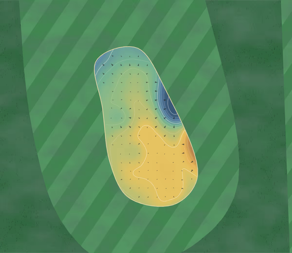 Green contour map of Golf Bluegreen in Mazières-en-Gâtine, France — 105 elevation contours at a 8-centimeter interval with fall-line arrows, traced from 1-meter lidar