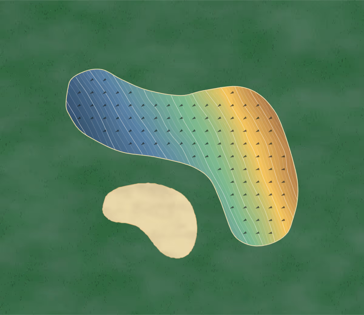 Green contour map of Golf Bluegreen in Saint-Laurent-de-la-Prée, France — 303 elevation contours at a 8-centimeter interval with fall-line arrows, traced from 1-meter lidar