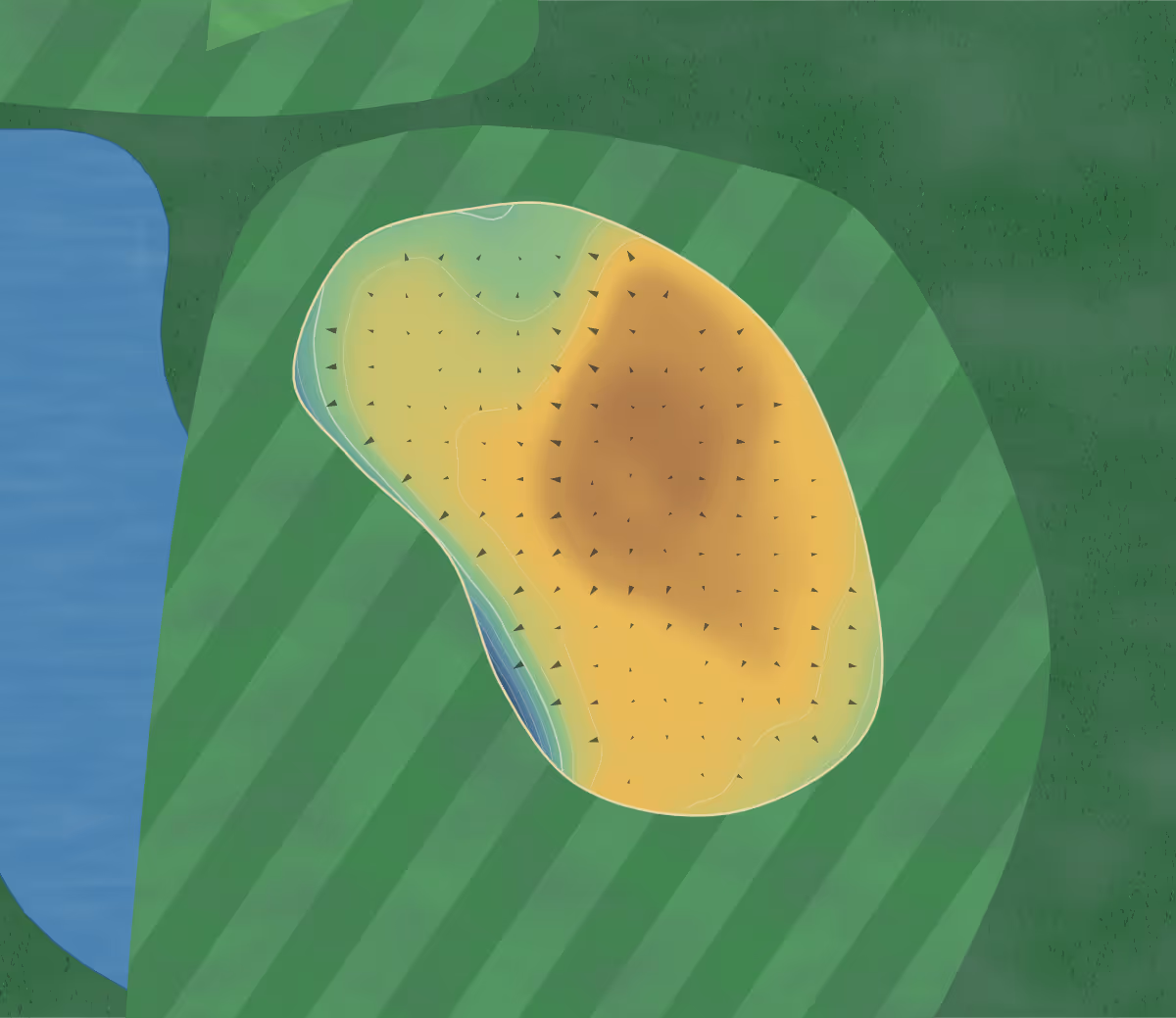 Green contour map of Golf Bluegreen in Rueil-Malmaison, France — 45 elevation contours at a 8-centimeter interval with fall-line arrows, traced from 1-meter lidar