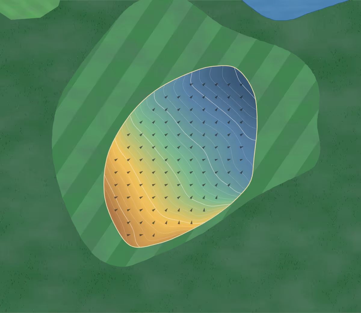 Green contour map of Golf Bluegreen Tours in Saint-Antoine-du-Rocher, France — 122 elevation contours at a 8-centimeter interval with fall-line arrows, traced from 1-meter lidar