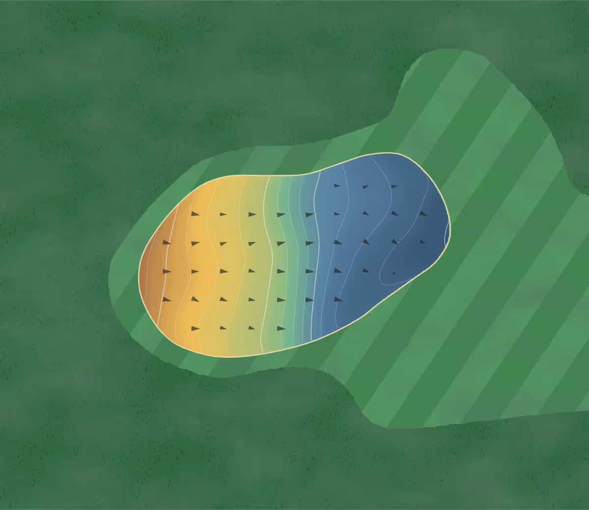 Green contour map of Golf Bordelais in Bordeaux, France — 127 elevation contours at a 8-centimeter interval with fall-line arrows, traced from 1-meter lidar