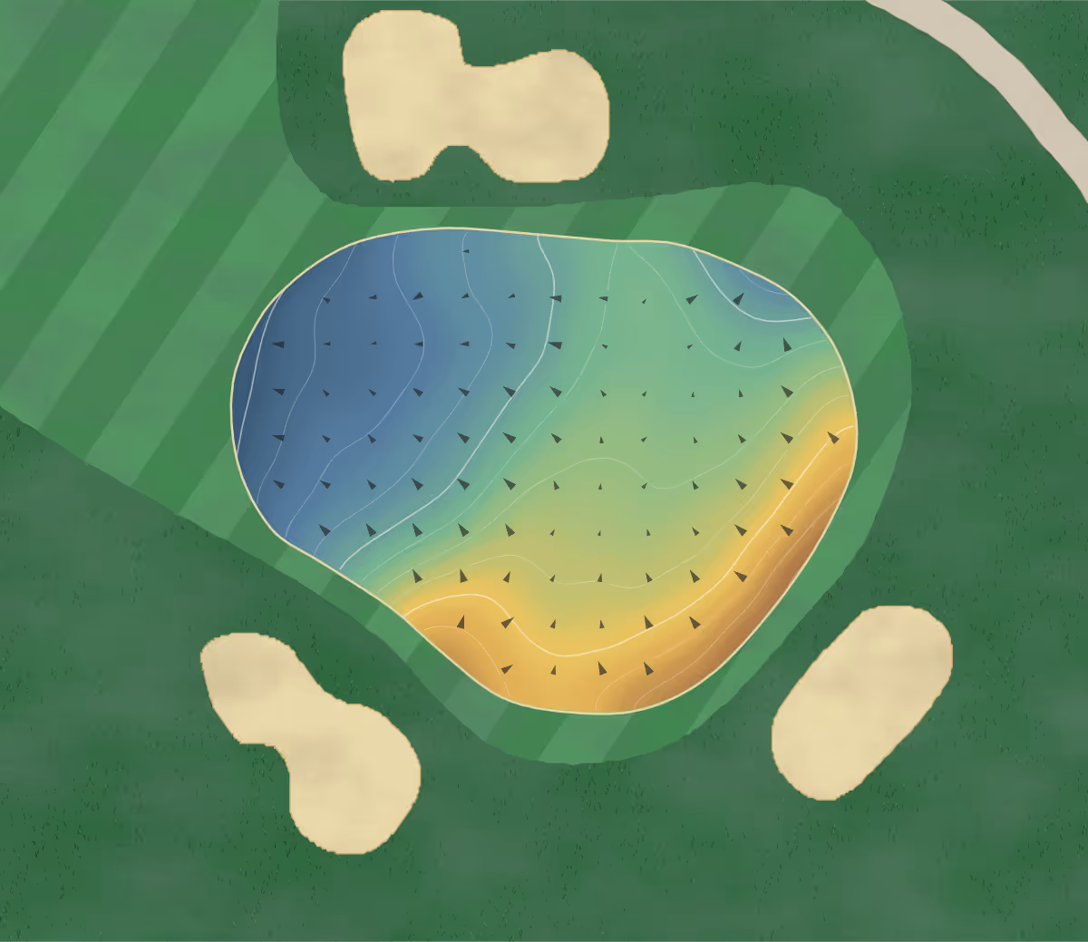 Green contour map of Golf in Canada — 145 elevation contours at a 8-centimeter interval with fall-line arrows, traced from 1-meter lidar