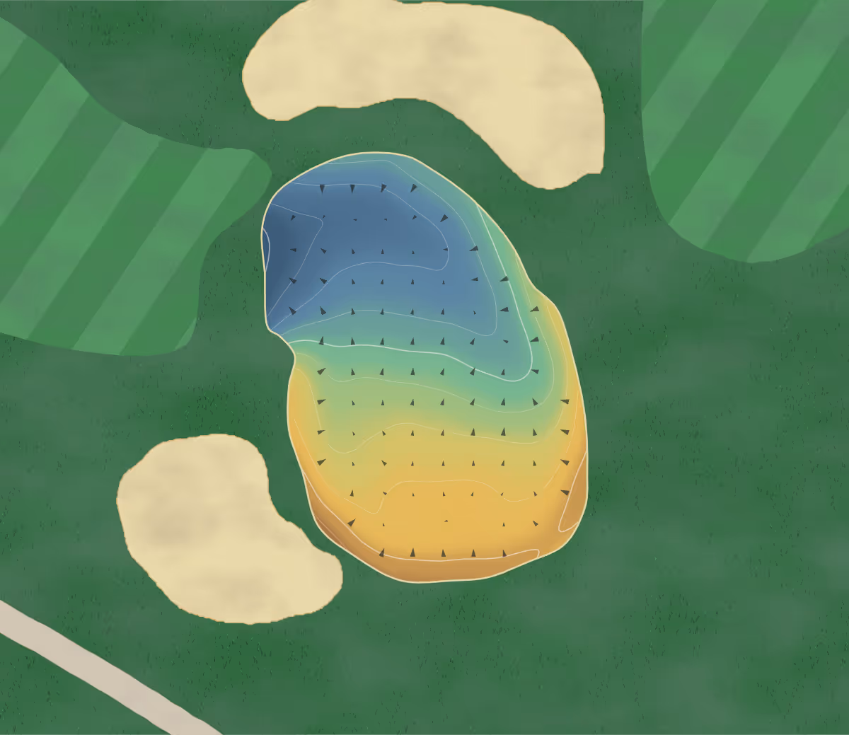 Green contour map of Golf Candiac in Candiac, Canada: 10 elevation contours at a 8-centimeter interval with fall-line arrows, traced from 1-meter lidar