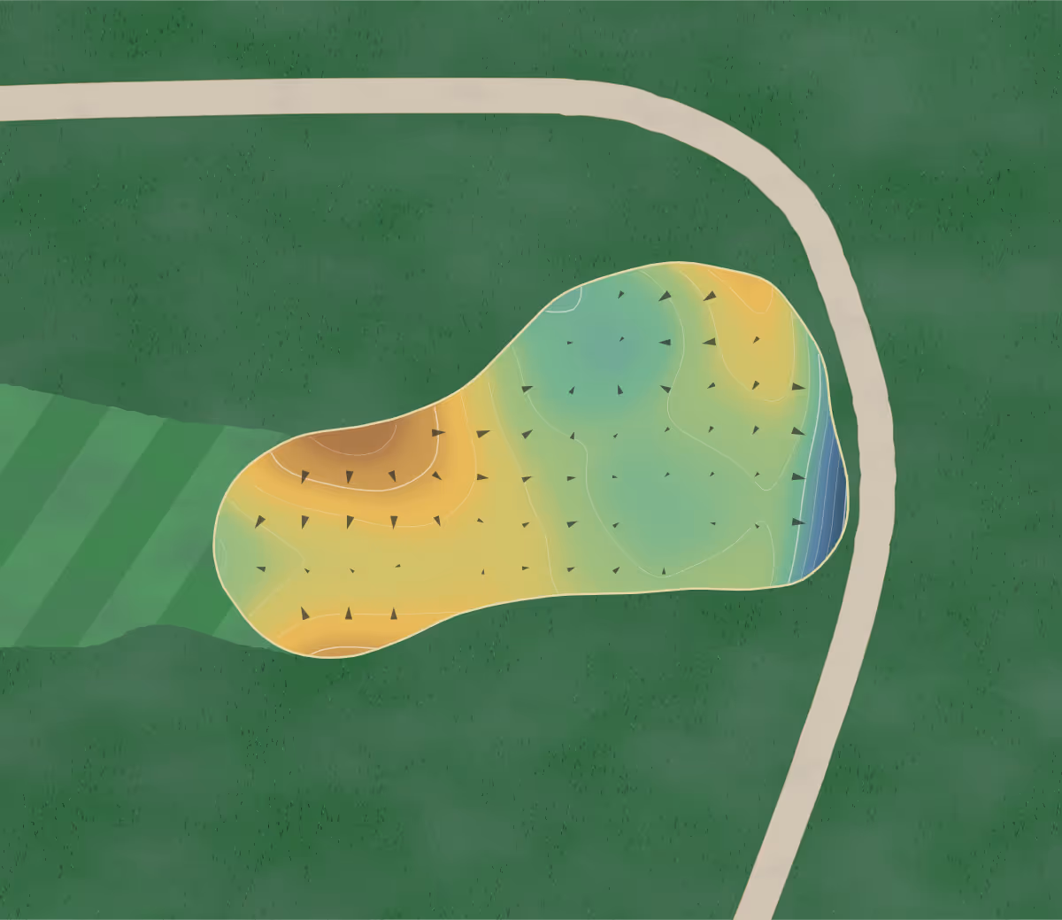 Green contour map of Golf Center Des in Des Plaines, Illinois — 66 elevation contours at a 3-inch interval with fall-line arrows, traced from 1-meter lidar
