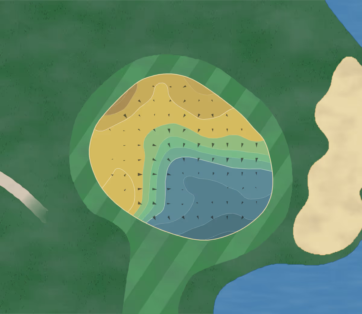 Green contour map of Golf Club Aaretal in Kiesen, Switzerland — 88 elevation contours at a 8-centimeter interval with fall-line arrows, traced from 1-meter lidar