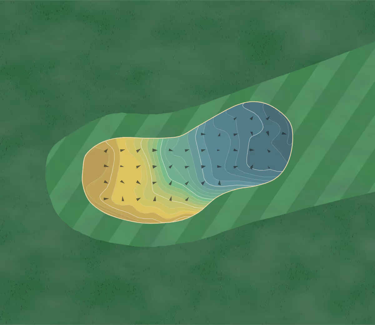 Green contour map of Golf Club Arosa in Maranerstrasse 61, Switzerland — 221 elevation contours at a 8-centimeter interval with fall-line arrows, traced from 1-meter lidar