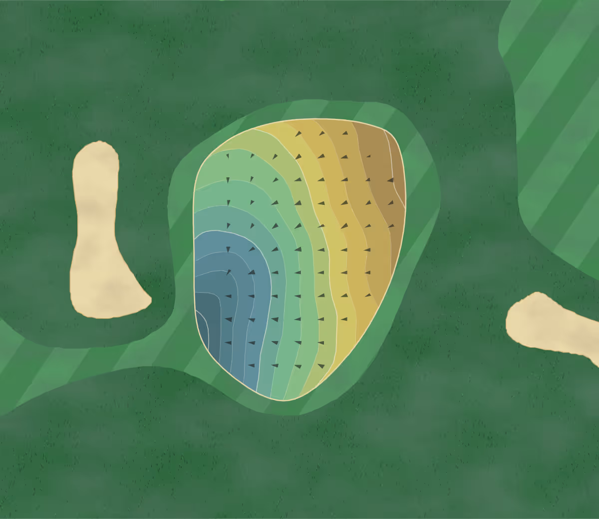 Green contour map of Golf Club Axenstein in Morschach, Switzerland — 90 elevation contours at a 8-centimeter interval with fall-line arrows, traced from 1-meter lidar
